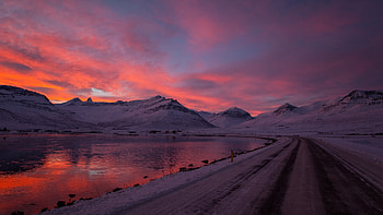 Sunset Beach Snow Mountains, sunset, nature, beach, snow, mountains HD wallpaper