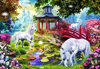 Unicorns in Paradise, butterflx, gazebo, Colors, artwork, stairs, bridge, flowers, castle, pond HD wallpaper