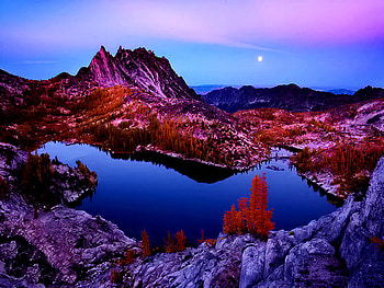 Mirrored lake, dusk, rocks, stones, mountain, lake, moon, mirrored, bright, clouds, nature, sky HD wallpaper