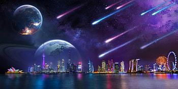 Space, cityscape, stellar planets, milky way HD wallpaper