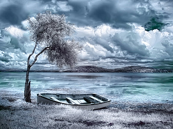 Winter, boat, frozen, lake HD wallpaper