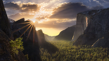 Rock Mountains Green Trees Forest Sunlight Black Clouds Blue Sky Nature HD wallpaper