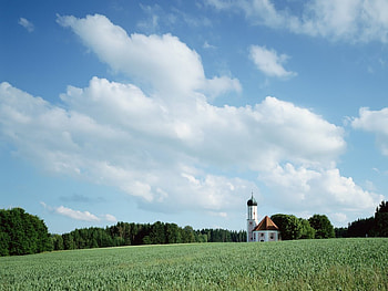 German Landscape, bayern, landscape, clouds, germany, sky, church HD wallpaper