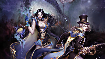 Fantasy girls, blue, girl, woman, purple, fantasy, couple, gun, ranonline, hat HD wallpaper