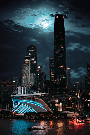 Cities, Night, Architecture, Moon, City, Building, Shine, Light HD phone wallpaper