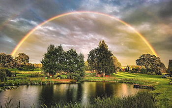Rainbow in Latvia, reflection, rainbow, Latvia, pier, trees, pond HD wallpaper