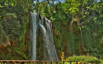 jungle waterfall, trees, waterfall, jungle, cliff, terrace HD wallpaper