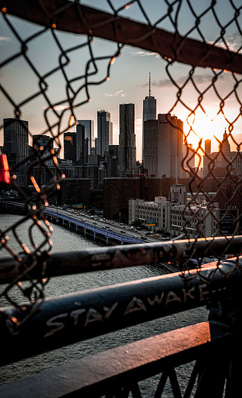 Cities, Grid, Skyscrapers, Bridge, Fence, Sunlight HD phone wallpaper