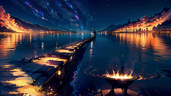 Anime Landscape: Digital Nightscape by the Serene Lake, anime landscape, landscape, Digital Art, AI Art, Anime HD wallpaper