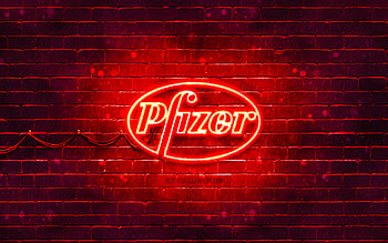 Pfizer red logo, , red brickwall, Pfizer logo, Covid-19, Coronavirus, Pfizer neon logo, Covid vaccine, Pfizer HD wallpaper