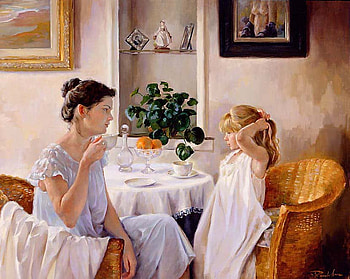 Sunday morning, milk, table, girl, paintings, chairs, plant, painting, coffee, fruit, mother, home HD wallpaper