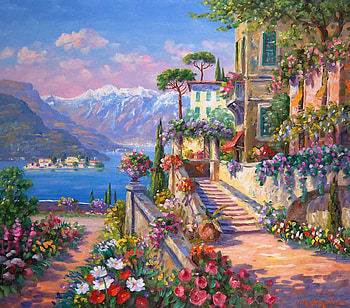 Lake Como, artwork, stairs, painting, path, hotel, flowers, mountains HD wallpaper