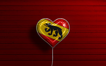 I Love Bern, , realistic balloons, red wooden background, Day of Bern, swiss cantons, flag of Bern, Switzerland, balloon with flag, Cantons of Switzerland, Bern flag, Bern HD wallpaper