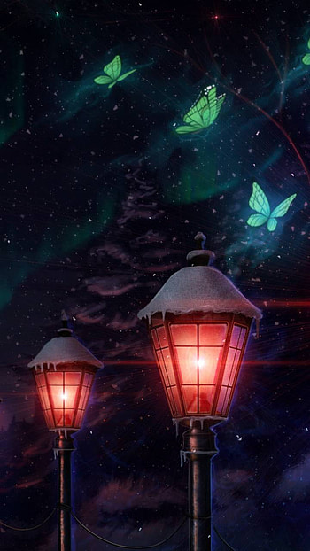 Winter Fantasy, butterfly, night, snow, lantern, winter, fantasy, Anime, Original, winter anime, anime night, winter night, fantasy anime, night snow HD phone wallpaper