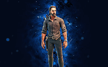 Rick Grimes, , blue neon lights, Fortnite Battle Royale, Fortnite characters, Rick Grimes Skin, Fortnite, Rick Grimes Fortnite HD wallpaper