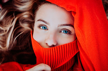 Red sweater, woman, beautiful, blue eyes HD wallpaper