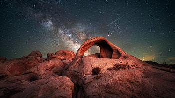 Joshua Tree National Park, California, arch, stars, milky way, rocks, usa HD wallpaper