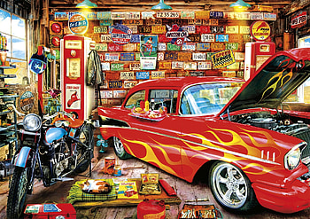 Retro Garage, licence plates, car, flames, cat, fuel pumps, wheels, customised, retro, vintage, motorbike HD wallpaper
