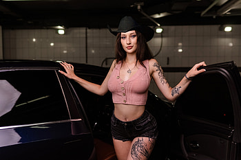 Arrival, cowgirls, brunettes, car, hats, cutoffs HD wallpaper
