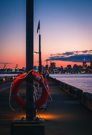 Cities, Twilight, City, Ocean, Dusk, Embankment, Quay, Life Buoy, Lifebuoy HD phone wallpaper