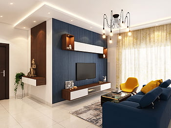 Contemporary and cozy living room interior with elegant decor in Bangalore. HD wallpaper