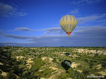 balloon on the sky, landscape, clouds, trees, forces, sky, nature, balloon HD wallpaper