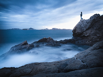 Sea, Nature, Water, Rock, Break, Precipice, Human, Person, Loneliness HD wallpaper
