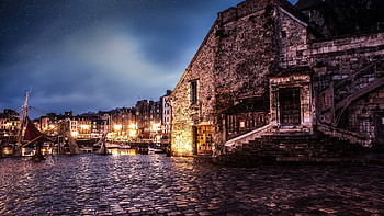 medieval seaside town of honfleur france r, night, seaside, town, medieval, r, harbor, stones HD wallpaper