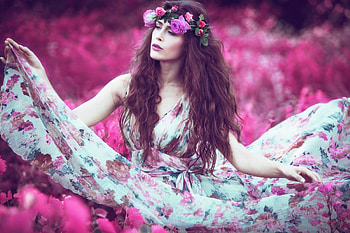 Farie Lights, field, women, beautiful, flowers, floral dress, wreath HD wallpaper