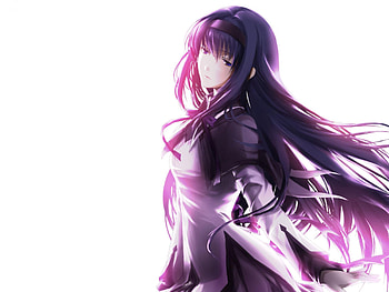 Akemi Homura, mahou shoujo madoka magica, purple hair, white background, long hair, lone, anime, plain background, female HD wallpaper