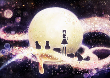 Neko Girl and Cats, black, cats, cute, dress, kittens, beauty, starsnight, moon, kittys, sweet, girl, beautiful, purple, pink, neko, anime, light HD wallpaper