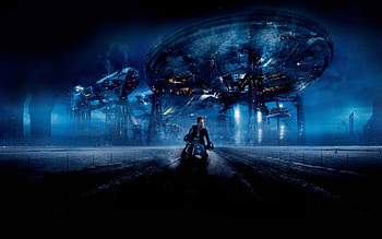 star trek, buildings, starship, lights, man, bike HD wallpaper