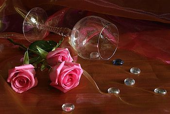 still life 1, art , still life, table, pink roses, perle, glass, nice HD wallpaper