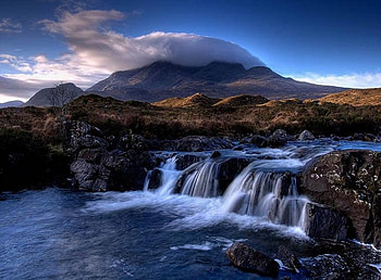Surreal scenery, europe, waterful, beautiful, grass, rushing, rocks, mountain, scenery, water, isle, cloud HD wallpaper