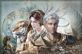 Egypt, rotheus, tiger, art, dreamingfire rotheus, man, girl, dreamingfire, fantasy, couple, tigru, luminos HD wallpaper