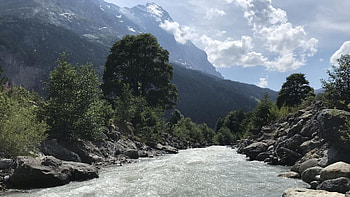 Grindelwald, Switzerland, trees, clouds, sky, rocks, mountains, stones, stream HD wallpaper