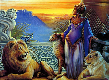 The Princess, digital, art, cats, girl, lions, sunset HD wallpaper