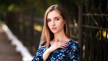 Blonde Girl Model Is Standing In Blur Bokeh Background Wearing Flowers Printed Blue Dress Girls HD wallpaper