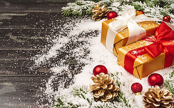 Christmas Time, gifts, parcels, snow, pinecones, decoration HD wallpaper