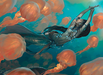 Mermaid, blue, bavo, jellyfish, ba vo, underwater, water, siren, vara, frumusete, art, gorgeous, girl, orange, superb, summer, fantasy, luminos HD wallpaper