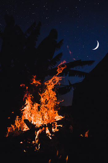 Fire, Bonfire, Night, Moon, Dark, Starry Sky, Palm HD phone wallpaper