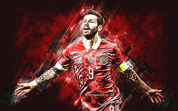 Fedor Smolov, Russian national football team, Russian football player, red stone background, Russia, grunge art HD wallpaper