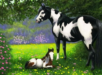 Horse with Foal, artwork, horses, painting, landscape, trees HD wallpaper