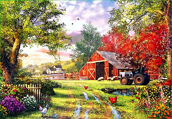 Evening at the barnyard, painting, autumn, trees, colors, countryside, barn, hens, artwork, sheep, flowers, tractor HD wallpaper