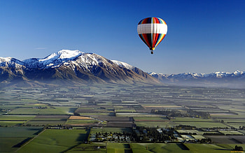 Hot Air Balloon, aerial, fields, mountain HD wallpaper