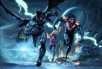 The Bat And His Birds, batman, robin, nightwing, superheroes, artwork, digital-art, deviantart HD wallpaper