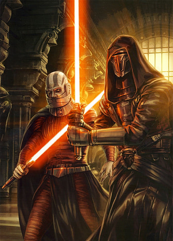 Lightsabers in action, Darth Revan's legacy, Sith Lords confrontation, Star Wars artistry HD phone wallpaper