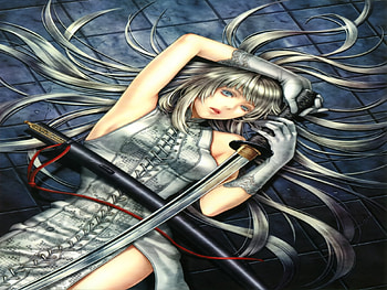 Warrior Sword, sexy, sword, ribbon, hot, gloves, beauty, anime girl, white dress, cool, katana, lay, warrior, big breasts, female HD wallpaper