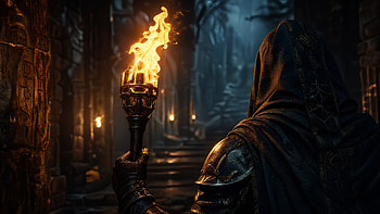 Torchlight — Hooded Wanderer in Shadowed Ruins, Hooded Figure, Dungeon HD wallpaper
