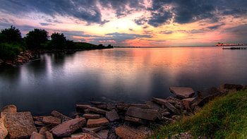 beautiful inlet at sundown, lights, bay, clouds, inlet, sunset HD wallpaper